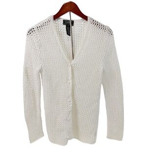 Lauren‎ Ralph Lauren Sweater Women's Medium Ivory Open Knit Cardigan Cotton